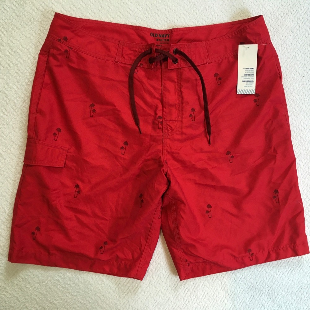 Old Navy Mens Board Shorts XL Red Palm Tree Print Swim‎ Trunks NWT